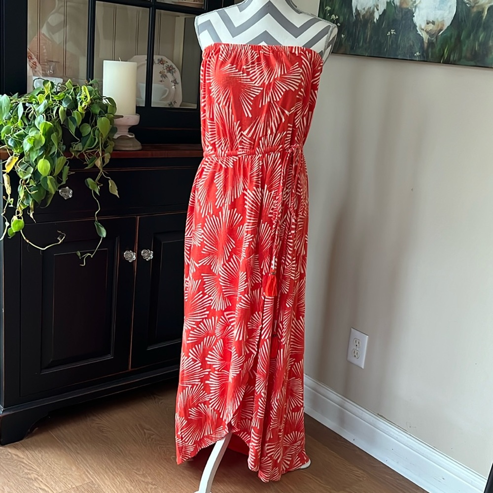 Lucky Brand Red Strapless Maxi Dress with White Palm Print
